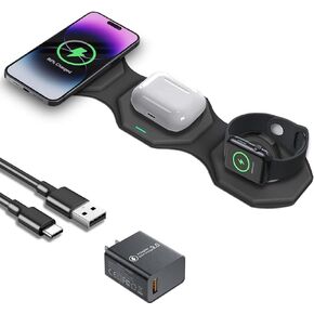 Wireless Charger 3 in 1,YELLAMI Magnetic Travel Wireless Charging Station Multiple Devices,GaN 3 in 1 Charging Station,Compatible for iPhone 15/14/13/Pro/Max,iWatch,AirPods 3/2/Pro(Adapter Includes)