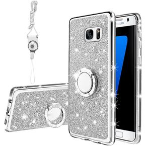 KuDiNi for Samsung Galaxy S7 Edge Case, Galaxy S7 Edge Phone Case for Women Glitter Crystal Soft Clear TPU Luxury Bling Cute Protective Cover with Kickstand Strap for S7 Edge Case (Glitter Purple)