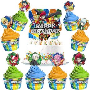 Treasures Gifted Officially Licensed BEYBLADE BURST Cake Topper Set - (1) BEYBLADE Cake Topper & (24) BEYBLADE Cupcake Topper & Wrappers - BEYBLADE Birthday Party Supplies - BEYBLADE Party Supplies