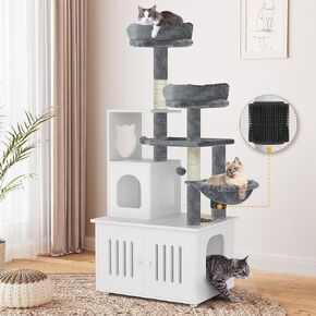 YITAHOME Cat Tree with Litter Box Enclosure, 2-in-1 Cat Furniture, Modern Cat Condo, Indoor Cat Tower with Wood House, Perch, Food Station, Hammocks, Scratch Post, Hair Brush, 59 Inch, Rustic Brown