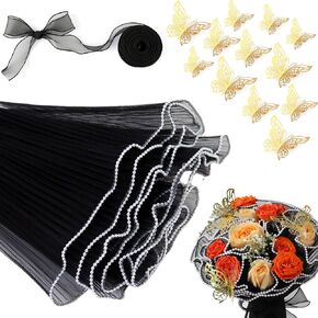 JOSUYA Black Flower Wrapping Paper Kit - 4.37 Yards Pearl Lace Mesh for Bouquets, Wave Tulle with Ribbons and 3D Butterflies - Floral Wrap Florist Supplies (Black)