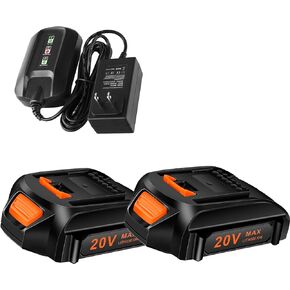 20V 2Packs Replacement Worx Battery and Charger Starter Kit， Cell9102 WA3520 Lithium Battery and Charger WA3742 Compatible with Worx 20-Volt Cordless Power Tools