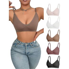 OYOANGLE Women's 5 Pieces Rib Knit Spaghetti Strap V Neck Wireless Bra Set Seamless Solid Plain Everyday Wear Bralette