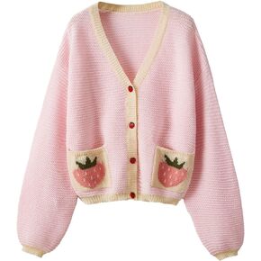 SHENHE Women's Strawberry Pattern Open Front Bishop Sleeve Casual Cardigan