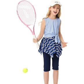 Girls Tennis Golf Athletic Outfit Kids 2Pcs Knotting Tank Top and Skorts Sets Sports Skirt with Shorts 3-12 Years