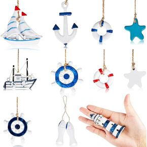 Jetec 22 Pieces Wooden Nautical Hanging Ornaments Mini Nautical Ornament Ocean Beach Themed Hanging Ornament Life Ring Sea Star Anchor for Summer Tree Decor Beach Holiday Craft Gift