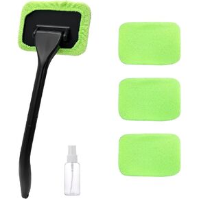 Car Windshield Cleaning Tool, Microfiber Auto Window Cleaner Set with 4 Washable and Reusable Cloth Pad, Long Handle Glass Wiper Cleaning Kit with Spray Bottle, Car Accessories