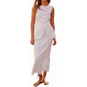Two Piece Sets for Women Summer Old Money Long Vest Set Boho Maxi Skirt Set Linen Set 2 Piece Sets for Women Going Out