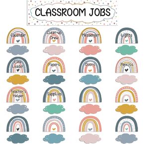 65pcs Bohemian Rainbow Classroom Jobs Bulletin Board Set Colorful Classroom Teacher's Helper Chalkboard Decor for Classroom Bulletin Board