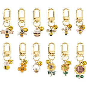 12pcs Cat Dog Collar Bells, Enamel Bees Sunflower Bell Charms with Swivel Clasps Alloy Collar Pendant Accessories for Pet Dog Cat Necklace Decoration Training Keychains DIY Crafts