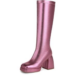 Gogo Boots for Women,Platform Metallic Glitter Boots,Snake Print Knee High Boots,Square Toe Chunky Heel Stretchy Boots
