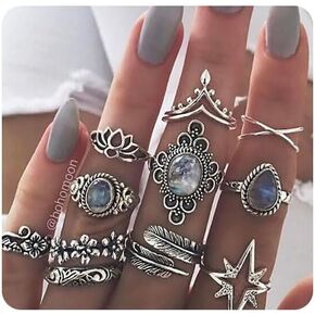 11 Pcs Vintage Silver Bohemian Stackable Joint Knuckle Rings for women,Set Carved Flower Star Leaf Gemstone Midi Ring,Boho Y2k Snake Butterfly Heart Chunky Stacking Rings Pack