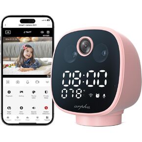Indoor Camera with Alarm Clock, WiFi 1080P Security Camera for Home, Motion Detection Night Vision 355°, One-Touch Calling Two-Way Talk, Night Light Temperature Monitor