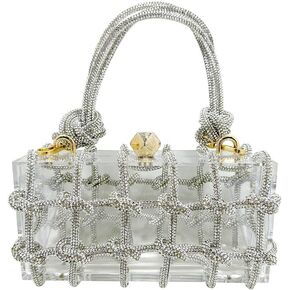 Rhinestone Acrylic Clutch Sparkly Silver Evening Bag, Clear Purse with Bling Rope Perfect for Bridal Prom Club
