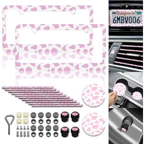 Cow Print License Plate 18 Pcs car Accessories Cow Print License Plate Cover Car Tag Frames for Women or Men Compatible All Vehicle License Plate Tag Cover Fit Accessories Included (18Pcs)