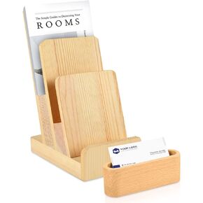 3-Tier Wood Brochure Holder With Business Card Holder Rack Flyer Holder Postcard Display Literature Holder Pamphlet Display Stand For Magazine Flyer Holder Booklets Menu Journals