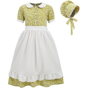 Pioneer Dresses for Girls Colonial Prairie Dress Girls Short Sleeves 1800s Pilgrim Costume with Apron and Bonnet