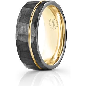Gentlemen's Bands Premium Hammered Oblique Black Tungsten Wedding Band With Thin Rose Gold Strip | Wedding band is ideal Gift | Package Includes Silicon Band, Walnut Ring Box, Leather pouch