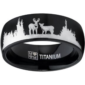 Men's Black Outdoor Hunting Titanium Ring Wedding Band with Laser Etched Deer Stag Scene 8mm