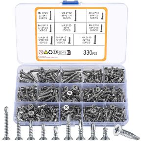 330 pcs Stainless Steel Phillips Head Self Drilling Screws,Flat Head Self Tapping Screws, 8 3/16" Sheet Metal Tek Screws Assortment Kit, Modified Wafer Head Countersunk Head Screws