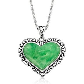 Ross-Simons Jade Heart Pendant Necklace in Sterling Silver. 18 inches