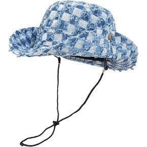 Denim Cowboy Hat Cotton Bucket Sun Hat for Women Men Summer Outdoor Wide Brim Checkered Pattern Fisherman Cap