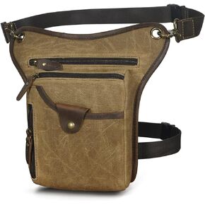 Le'aokuu Mens Canvas And Genuine Leather Motorcycle Waterproof Waist Pack Messenger Shoulder Drop Leg Bag 211-5 (Green)