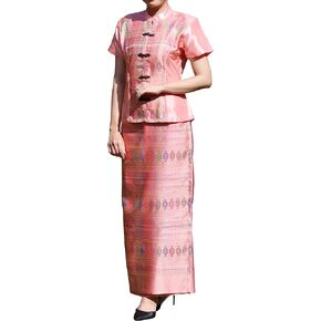 RaanPahMuang Luxurious Thai Silk Dress Chinese Front Cut Stitch Outfit