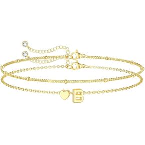 Dainty Initial Heart Gold Bracelets for Women Teen Girls 14K Gold Plated Trendy Layered Initial Bracelets Adjustable Letter A-Z Charm Bracelets Summer Jewelry Gifts
