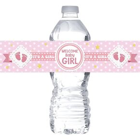 MonMon & Craft Welcome Baby Girl Water Bottle Stickers / Gender Reveal Bottle Wrappers / It's a Girl Water Labels Supplies / Baby Shower Decorations Pink ( Set of 32 )