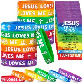30 Sets/ 60 Pcs Jesus Loves Me Silicone Wristbands with Bible Verse Cards, 1 John 3: 1 Christian Religious Party Favors Gift VBS Bracelets Rainbow Wristbands for Bible School Church Group