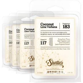 Shortie's Candle Company Coconut Lime Verbena Wax Melts Bulk Pack - Formula 117-4 Highly Scented 3 Oz. Bars (12 Oz. Total) - Made with Natural Oils - Fruit & Berry Air Freshener Cubes Collection