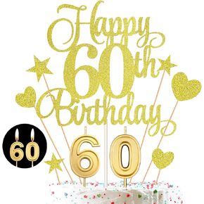 مجموعة ديكورات كعكة عيد الميلاد الستين تتضمن شموع عيد الميلاد الستين عدد 60 شمعة كعكة وأغطية كعكة عيد الميلاد الستين السعيدة مع أعواد كب كيك على شكل نجمة قلب لحفلات أعياد الميلاد (سلسلة ذهبية وردية)
