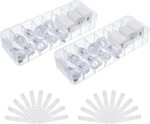 2 Pcs Clear Charger Cord Organizer Boxs,Plastic Cable Storage Box with 20 Wire Ties,Power Cord Organizer with 8 Compartments,Electronics Organizer with Lid for Home Office Accessories Storage in Saudi Arabia