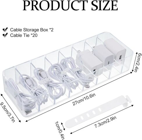 2 Pcs Clear Charger Cord Organizer Boxs,Plastic Cable Storage Box with 20 Wire Ties,Power Cord Organizer with 8 Compartments,Electronics Organizer with Lid for Home Office Accessories Storage in Saudi Arabia