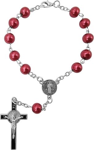 TALISMAN4U ميدالية سانت بنديكت المقدسة مسبحة كاثوليكية لعقد واحد لمرآة الرؤية الخلفية للسيارة حبات اللؤلؤ الزجاجية سوار مسبحة تلقائي للنساء والرجال صليب سانت بنديكت هدية دينية in Kuwait