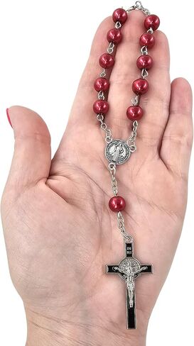 TALISMAN4U ميدالية سانت بنديكت المقدسة مسبحة كاثوليكية لعقد واحد لمرآة الرؤية الخلفية للسيارة حبات اللؤلؤ الزجاجية سوار مسبحة تلقائي للنساء والرجال صليب سانت بنديكت هدية دينية in Kuwait