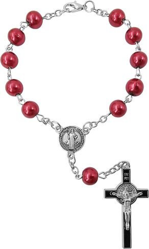 TALISMAN4U ميدالية سانت بنديكت المقدسة مسبحة كاثوليكية لعقد واحد لمرآة الرؤية الخلفية للسيارة حبات اللؤلؤ الزجاجية سوار مسبحة تلقائي للنساء والرجال صليب سانت بنديكت هدية دينية in Kuwait