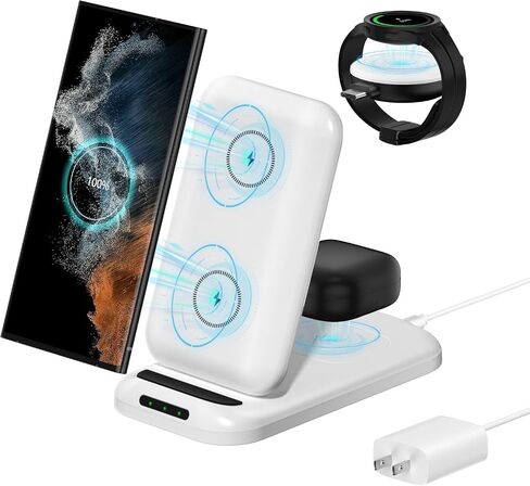 for Samsung Wireless Charger, 3 in 1 Charging Station for Galaxy S23 S22 S21 S20 Ultra FE/Note 20 10 9/Z Flip Fold Series,Galaxy Watch 5 Pro/5/4/3/Active 2,Buds+/Pro/Live(with Adapter) (White) in Saudi Arabia