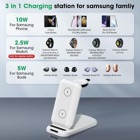 for Samsung Wireless Charger, 3 in 1 Charging Station for Galaxy S23 S22 S21 S20 Ultra FE/Note 20 10 9/Z Flip Fold Series,Galaxy Watch 5 Pro/5/4/3/Active 2,Buds+/Pro/Live(with Adapter) (White) in Saudi Arabia