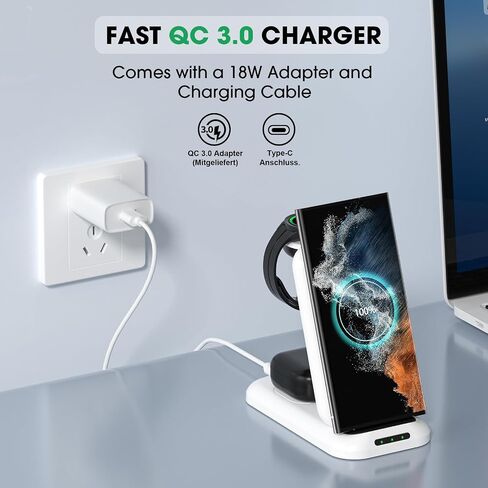 for Samsung Wireless Charger, 3 in 1 Charging Station for Galaxy S23 S22 S21 S20 Ultra FE/Note 20 10 9/Z Flip Fold Series,Galaxy Watch 5 Pro/5/4/3/Active 2,Buds+/Pro/Live(with Adapter) (White) in Saudi Arabia