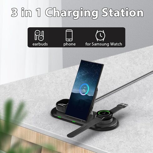 محطة شحن سامسونج، شاحن لاسلكي قابل للطي لهاتف Samsung Galaxy S24 Ultra/S24+/S24/S23+/S23/S22+/S22/Z Fold 5/Z Flip 5/Note 20، لساعة Samsung 6/6 Classic/5/5 Pro، سماعات جالاكسي 2 برو/2 in Kuwait