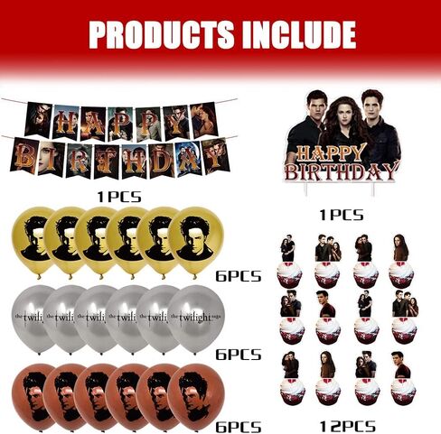 لوازم حفلات أعياد الميلاد Twilight Saga من QICI تتضمن ديكورات الحفلات ذات طابع Twilight Saga للمعجبين لافتة عيد ميلاد سعيد، وغطاء للكعك، و24 قطعة علوية للكب كيك و18 بالونة لاتكس in Kuwait