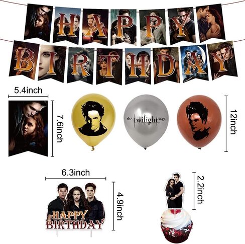 لوازم حفلات أعياد الميلاد Twilight Saga من QICI تتضمن ديكورات الحفلات ذات طابع Twilight Saga للمعجبين لافتة عيد ميلاد سعيد، وغطاء للكعك، و24 قطعة علوية للكب كيك و18 بالونة لاتكس in Kuwait