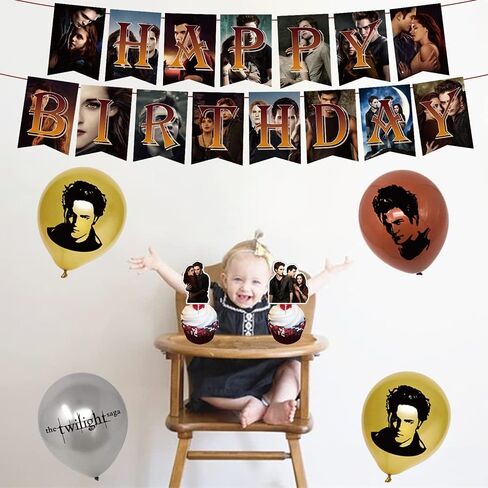 لوازم حفلات أعياد الميلاد Twilight Saga من QICI تتضمن ديكورات الحفلات ذات طابع Twilight Saga للمعجبين لافتة عيد ميلاد سعيد، وغطاء للكعك، و24 قطعة علوية للكب كيك و18 بالونة لاتكس in Kuwait
