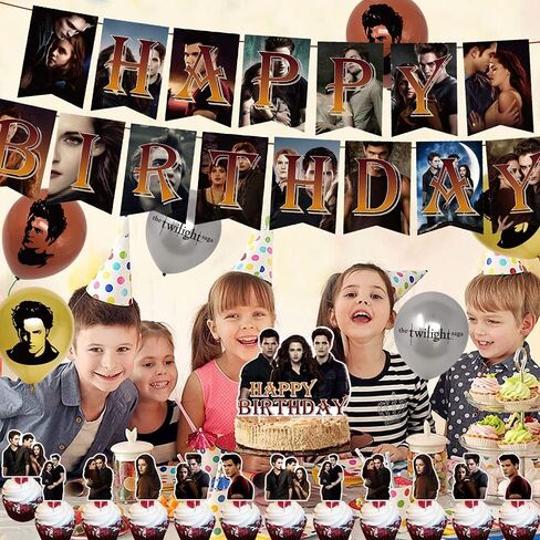 لوازم حفلات أعياد الميلاد Twilight Saga من QICI تتضمن ديكورات الحفلات ذات طابع Twilight Saga للمعجبين لافتة عيد ميلاد سعيد، وغطاء للكعك، و24 قطعة علوية للكب كيك و18 بالونة لاتكس in Kuwait
