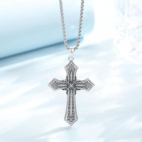 Gothic Cross Necklace for Men Women 925 Sterling Silver Cross Pendant Faith Chain Necklace Christian Jewelry Religious Birthday Gifts for Christian Father Boys Girls in Saudi Arabia