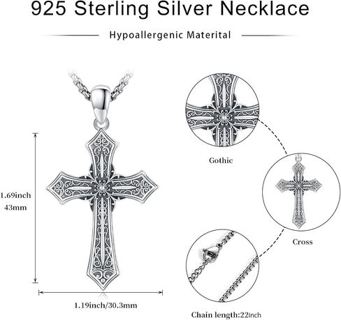 Gothic Cross Necklace for Men Women 925 Sterling Silver Cross Pendant Faith Chain Necklace Christian Jewelry Religious Birthday Gifts for Christian Father Boys Girls in Saudi Arabia