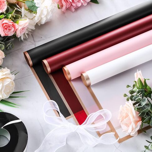 Fainne 40 Pcs Mothers Day Pure Color Flower Wrapping Paper Gold Edge Florist Bouquet Supplies Waterproof Gift Floral Paper Florist Paper Flower Bouquet Wrap, 22.8 x 22.8 in(Black) in Saudi Arabia