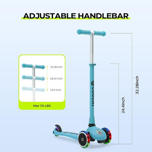 COOGHI Toddler Scooter for Kids Ages 3-5-10, 3 Wheel Kick Scooter with Light Up LED Wheels, Foldable Adjustable Height Handlebar for Boys & Girls in Saudi Arabia